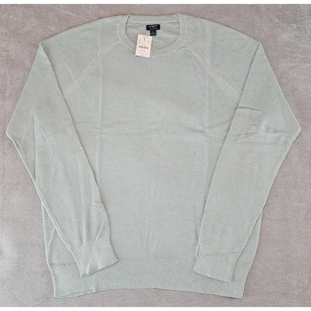 J.Crew Crewneck Sweater Men's Large Green 100% Cotton Textured Raglan L CD617